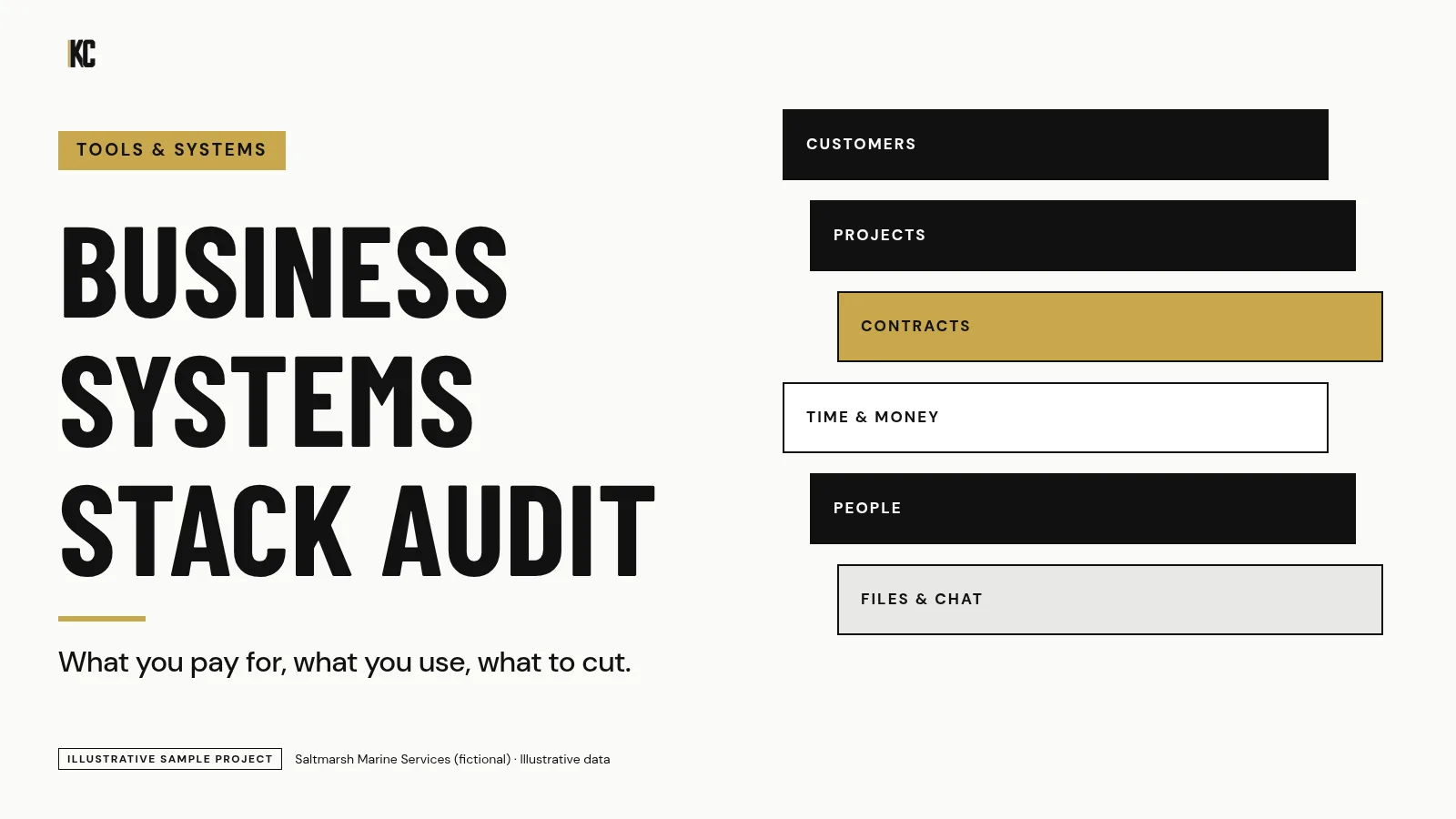 Cover: Business Systems Stack Audit. Saltmarsh Marine Services (fictional), illustrative data.